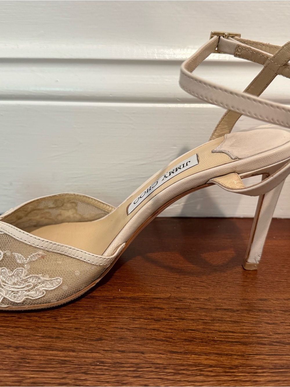 Jimmy Choo Sacora 85 MM Ivory Lace Peep-Toe Ankle Strap Heels with Pearl - Picture 10 of 16